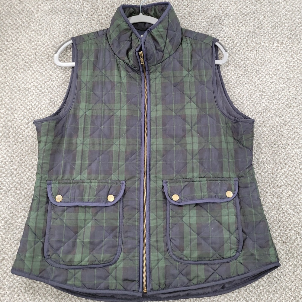 British Khaki Womens XL Quilted Vest Black Watch Plaid Green Navy Blue Full Zip